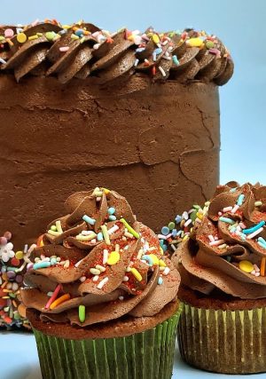 Close-up of a chocolate cake topped with rich chocolate buttercream and rainbow sprinkles, paired with matching cupcakes in green and gold wrappers. A festive dessert duo from The Cookie Jar Orlando, perfect for birthdays, kids' parties, graduations, and special celebrations.
