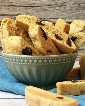Crisp chocolate chip biscotti in bowl, great for weddings, showers, and events in Orlando and Central Florida.