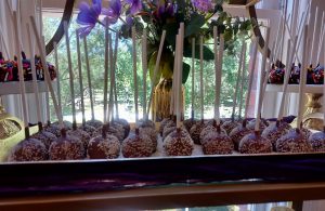 Rows of rich chocolate truffle cake pops adorned with white nonpareil sprinkles, displayed on an elegant tray with a floral backdrop at Historic Venue 1902 in Sanford. A beautiful dessert table offering from The Cookie Jar Orlando, ideal for weddings, sweet sixteens, and elegant garden parties.