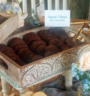 Tray of rich espresso martini cookies served at a Paradise Cove wedding dessert table in Orlando, Florida.