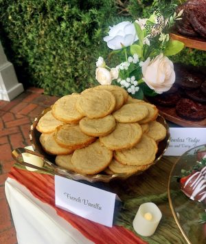 Soft French vanilla cookies stacked on a tray for an elegant Cypress Grove Estate Orlando wedding dessert table.
