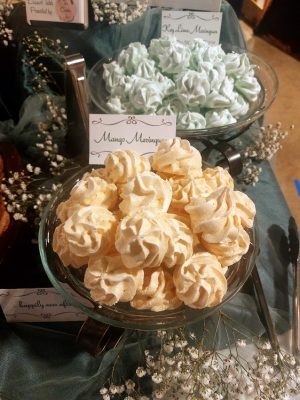 Mango and key lime meringues in glass bowls with baby’s breath for weddings, parties, and showers in Central Florida, Orlando, Daytona, and St. Augustine, perfect for vintage garden and waterfront themes.