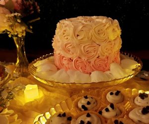 Pink ombre rosette cake ideal for sweet sixteen and quinceañera dessert tables in Orlando and Central Florida.