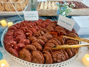 Red velvet white chocolate and chocolate espresso cookies for a wedding dessert table at Venue 1902 in Orlando.