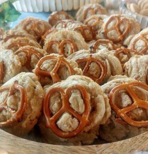 Peanut butter cookies topped with pretzels, perfect for weddings and events at Paradise Cove in Orlando.