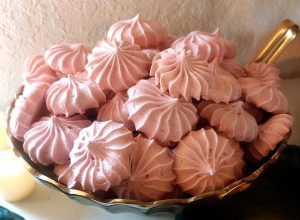 Pink raspberry meringues in a gold dessert bowl for weddings, showers, parties, and corporate events in Central Florida, Orlando, St. Augustine, and Daytona with romantic garden themes.