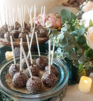 Chocolate truffle cake pops with sprinkles in glass dish for garden and forest weddings in Orlando.