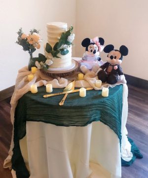 Wedding cake table with Mickey Minnie plushies, candles, and florals for whimsical garden weddings in Orlando.
